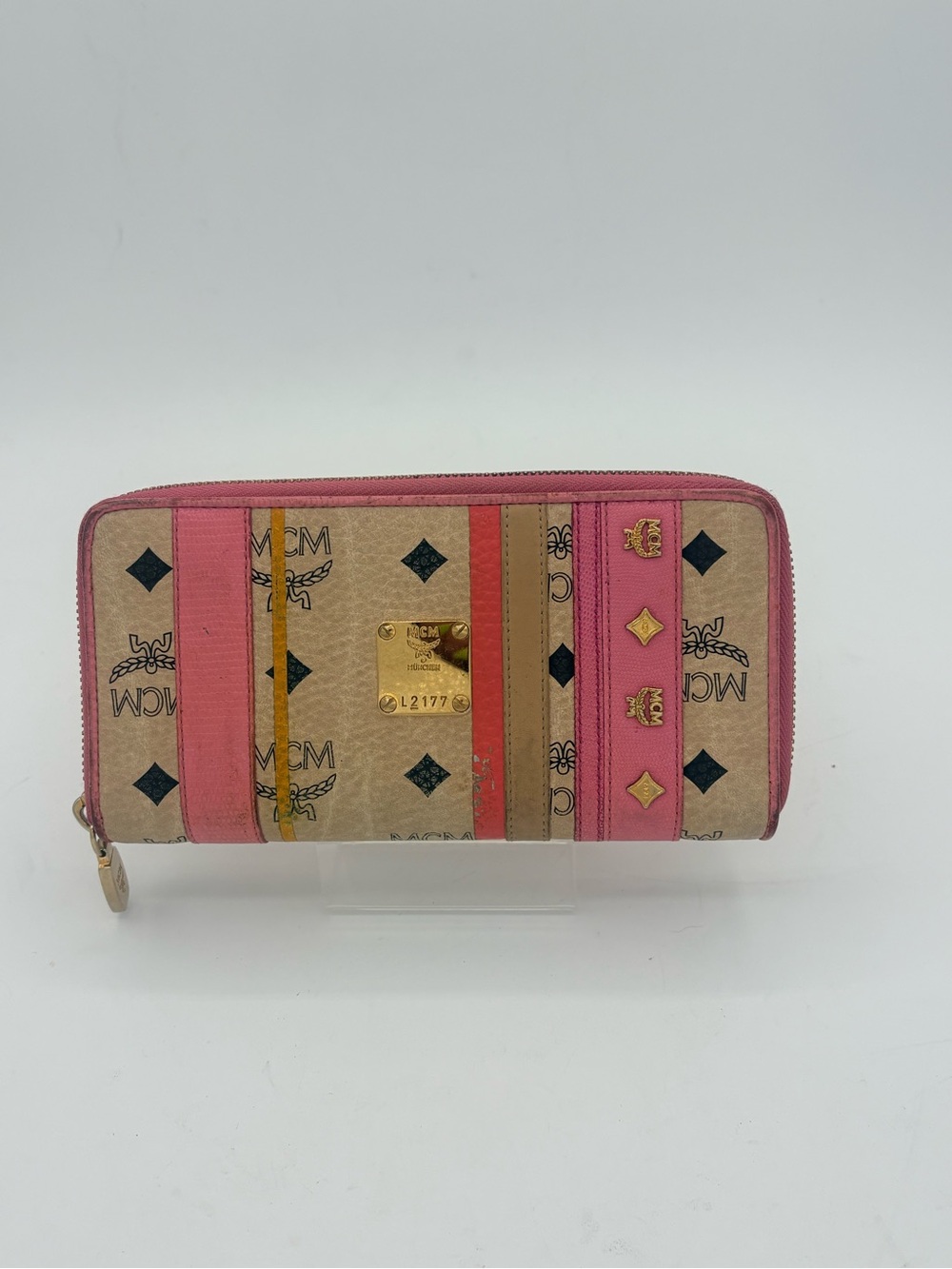 MCM Pink and Tan Monogram Stripe Zip Wallet with Gold Plaque